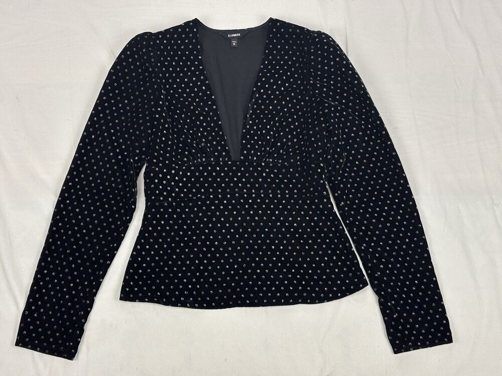 Express Black Velveteen Glitter Dot V-neck Long Sleeve Blouse XS Glam Holiday